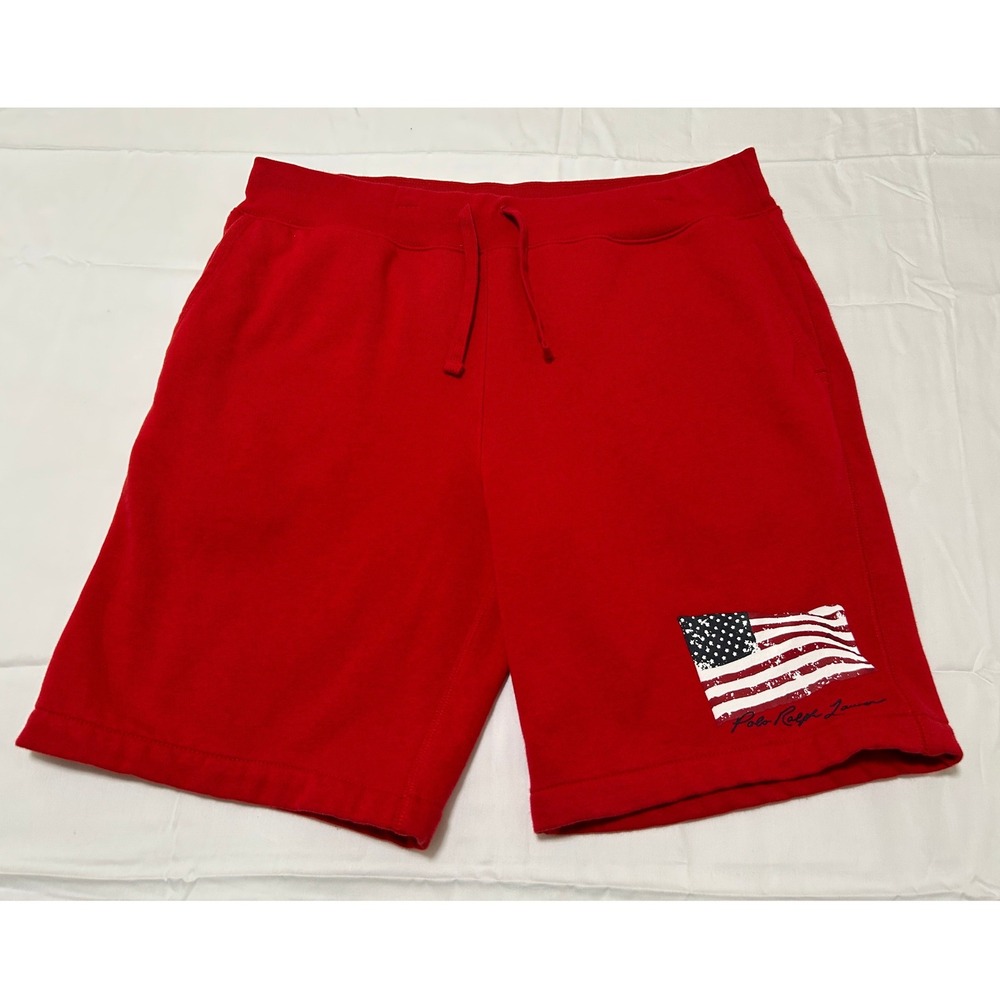 Polo Ralph Lauren Mens Red Fleece Shorts American Flag Graphic Custom Fit Sz L
